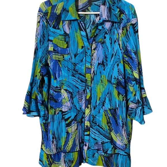 Maggie Barnes Button Up Top Women’s 1X 18/20 Accordion Pleat Bell Sleeve BoHo - Picture 11 of 16